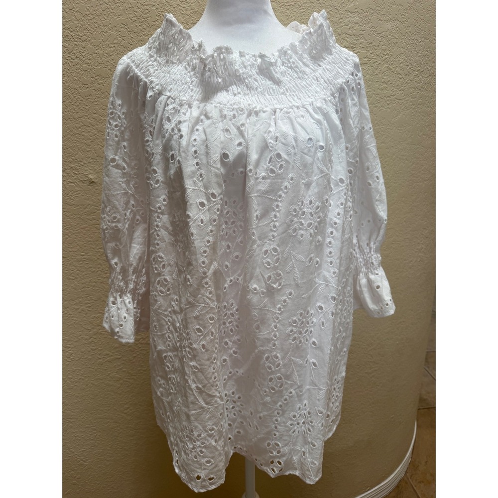 The Pioneer Woman White Eyelet Smocked Tunic Top XL 100% Cotton EUC